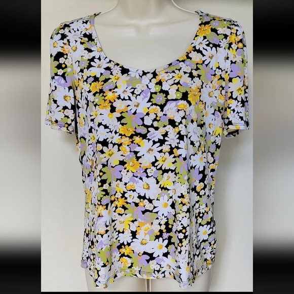 CATHERINE MALANDRINDO sz M black white purple floral print stretchy blouse top - Picture 1 of 8